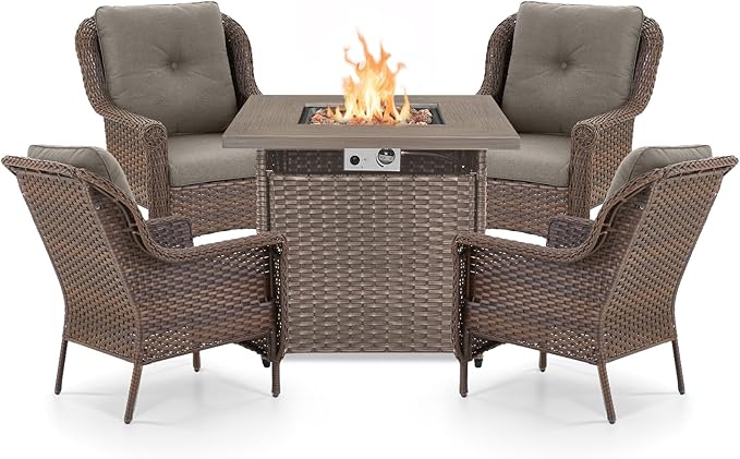 Outdoor Patio Chairs with Fire Pit Table 5 Piece Set - High Back Brown Wicker Rattan Lawn Chair with Thick Cushion for Porch Apartment Deck Yard Poolside Garden - Grey