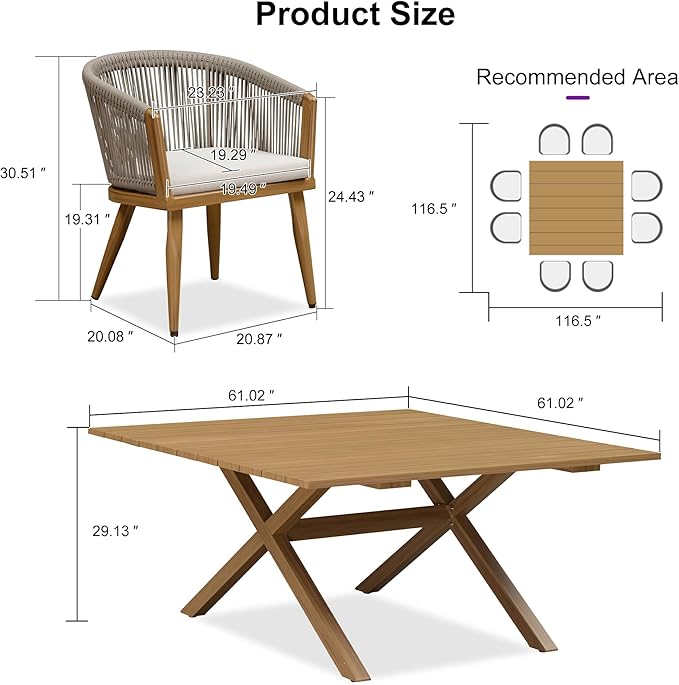 PURPLE LEAF Outdoor Dining Set for 8 All-Weather Aluminum 9 Piece Furniture Sets with Woodgrain Large Square Table and Rope Weave Chairs Included Cushions for Backyard Indoor Patio Set Teak Color