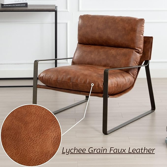 LukeAlon Modern PU Leather Accent Armchairs Set of 2, Upholstered Lounge Chair with Brass Metal Frame Thickened Cushion Single Sofa Chair Leisure Chair with Lychee Grain for Bedroom Living Room, Brown