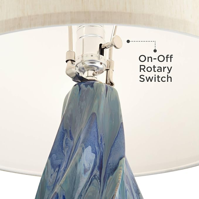 Possini Euro Design Teresa Coastal Modern Table Lamp with Square Riser 32.5" Tall Blue Teal Drip Ceramic Beige Drum Shade Living Room Bedroom House Bedside Nightstand Home Office (Color May Vary)