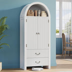 FURSUN 71" Tall Fluted Arched Bookshelf with Doors, Wood Pantry Storage Cabinet with 2 Large Drawers, Modern Versatile Bookcase for Living Room, Kitchen, Dining, White
