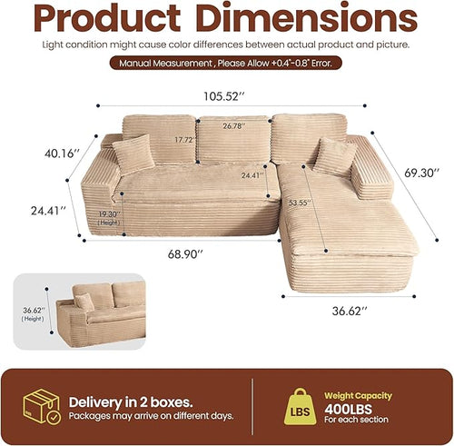 106" Oversized Couch Sofa, L Shape Couches for Living Room, No Assembly Required Plush Velvet Sectional Sofas with Right Facing Chaise for Home Apartment