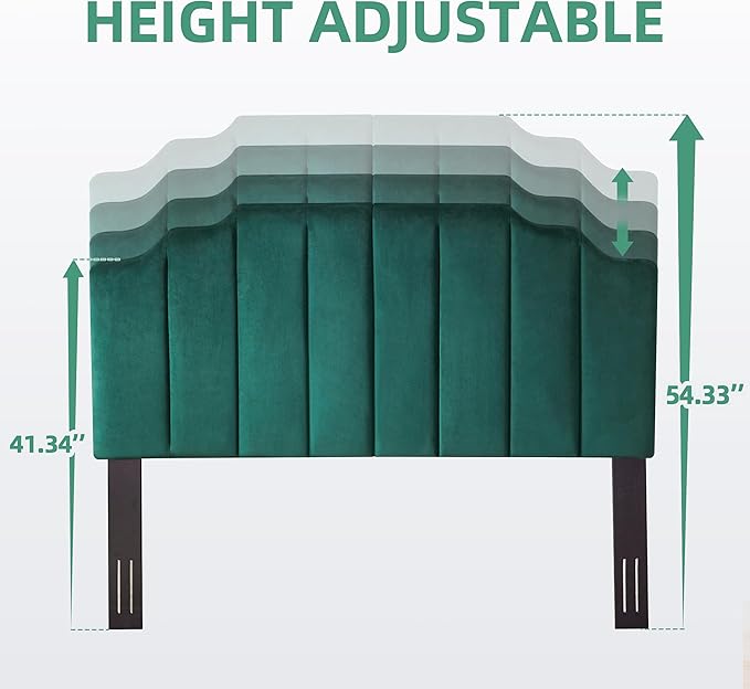 Velvet Upholstered Headboard Queen, Tufted Headboard, Elegantly Curved Queen headboard only,Soft Padded headboards, Modern Vertical Channel Design Head Board, Dark Green