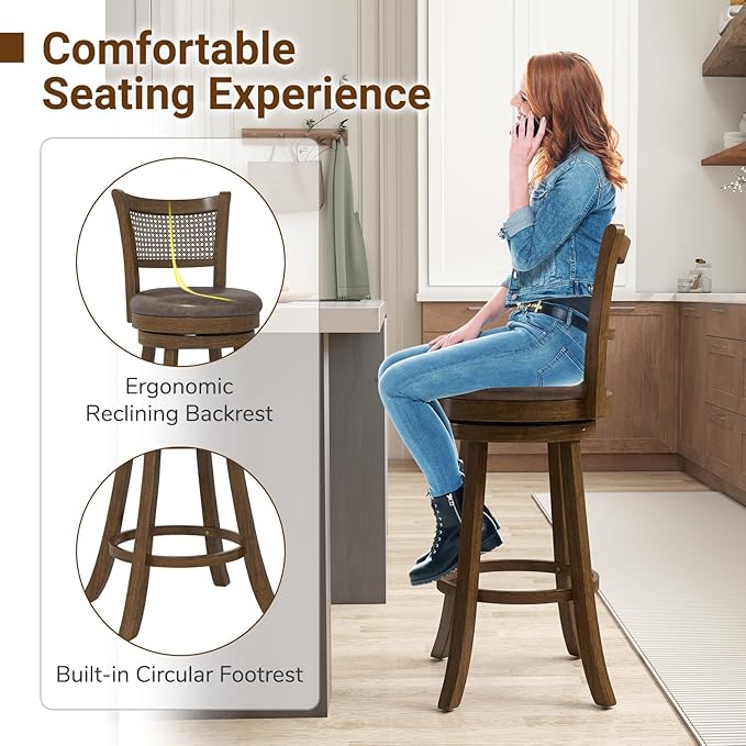 COSTWAY 30” Swivel Bar Height Barstool Set of 2, Rubber Wood Bar Stools with Rattan Backrest, Footrest, Upholstered Leathaire Armless Chairs for Kitchen Island, Pub, Brown(2, 30” Seat Height)