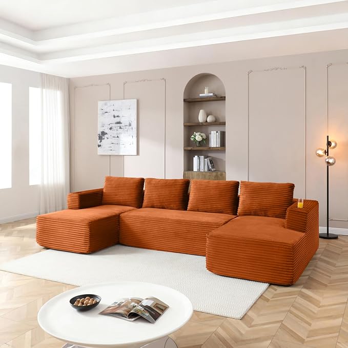 132 Inch Modular Sectional Sleeper Sofa, Boneless Cloud Couch for Living Room, U Shaped 5 Seat Sofa with 2 Cup Holders, Free Combination, No Assembly Required (Orange)