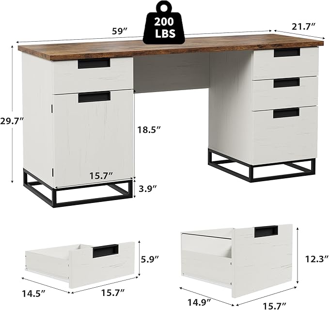GAOMON Farmhouse Executive Desk, 59 Inch Computer Desk, White Home Office Desks with File Drawer and Storage Cabinet, Wood Writing Desks for Bedroom, Home Office, White+Vintage