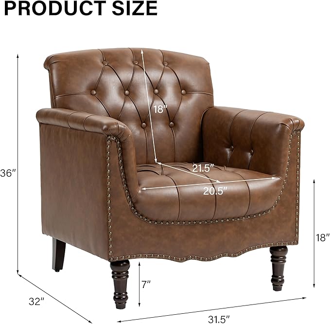 Faux Leather Accent Chair, PU Leather Modern Comfy Upholstered Armchair with Wood Legs & Nailhead Trim for Living Room, Bedroom (Brown,Set of 2)