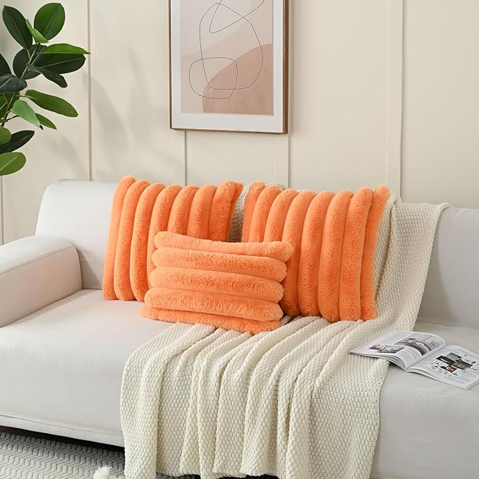 FUTEI Orange Decorative Throw Pillow Covers 26x26 Inch Set of 2, Square Soft Faux Rabbit Fur Thick Striped Euro Pillow Shams,Winter Home Decor for Couch Bed Living Room