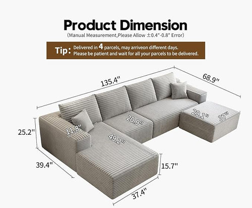 135.4" Cloud Sectional Couch with 1 Ottoman,Modern Modular Sofa with Deep Seat, Comfort U Shaped Sofa Couches for Living Room Bedroom Apartments,No Assembly Required, (Grey,Left Facing Chaise)