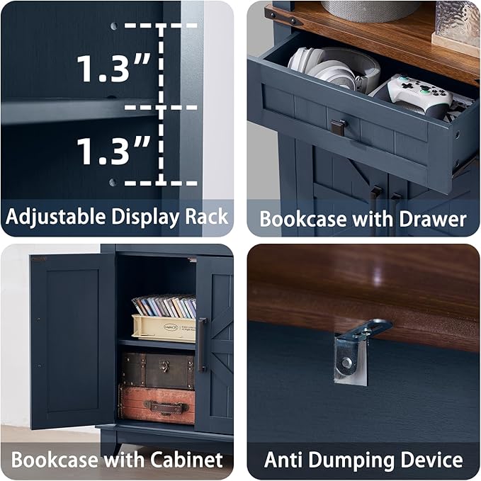 72in Tall Bookshelf 7 Tier Bookcase with Drawer and Barn Doors and Adjustable Shelves, Blue Farmhouse Book Shelf with Storage Cabinet, Wood Freestanding Display Bookshelves for Kitchen (3PCS)