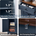 72in Tall Bookshelf 7 Tier Bookcase with Drawer and Barn Doors and Adjustable Shelves, Blue Farmhouse Book Shelf with Storage Cabinet, Wood Freestanding Display Bookshelves for Living Room