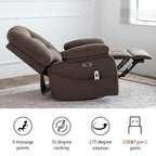 Power Swivel Rocker Recliner with Massage and Heat, USB and Type-C Port, Infinite Position, Electric Glider Rocking Chairs Living Room, Soft Fabric Reclining Sofa Chair (Velvet Brown)