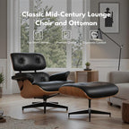 Top Black Grain Leather, Mid Century Chaise Lounge Chair and Ottoman, Leather Accent Chair, Modern Chair, Classic Design, Heavy Duty Base Support for Living Room Lounge Office, Walnut, Heightening