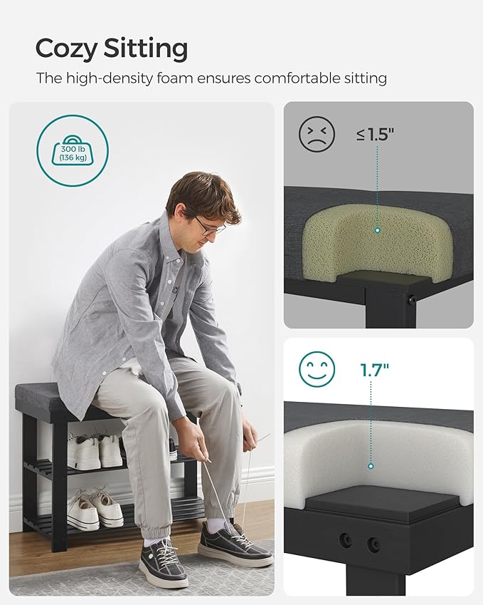 SONGMICS Bamboo Shoe Bench, 3-Tier Shoe Rack Organizer for Entryway, Living Room, Bench Seat Holds Up to 300 lb, 11.9 x 28.3 x 19.2 Inches, Ink Black and Slate Gray ULBS604B01