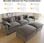 Cloud Couch, Modular Sectional Sofa with Ottoman, Charging Station, Throw Pillows, Cup Holders, Modern Convertible L Shaped Couches for Living Room, Bedroom (Grey, 116"- U Shape)