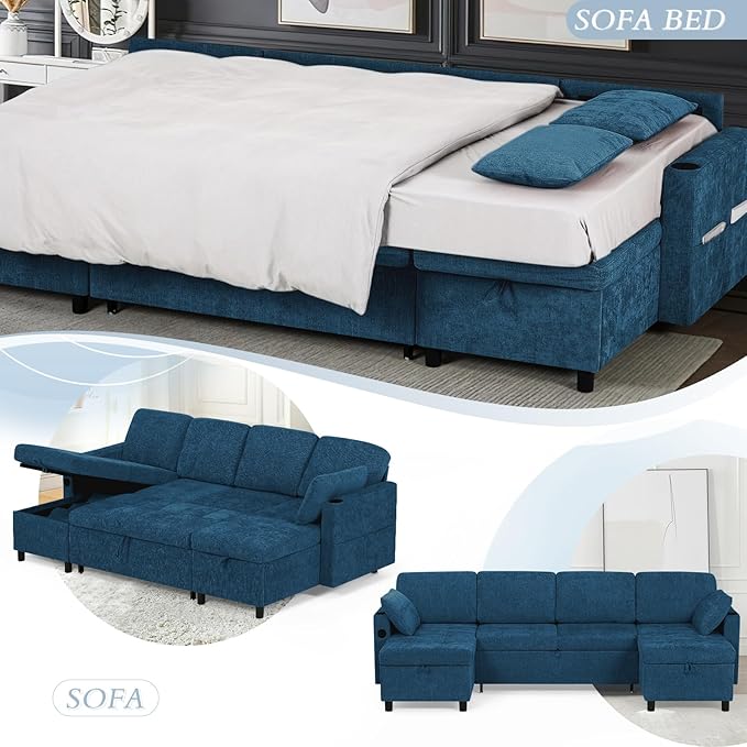 110" Sectional Pull Out Sofa Bed with Adjustable Backrests, U-Shaped Sleeper Sofa with USB Ports, Upholstered Reversible Couch with Cup Holder & Storage Space for Living Room, House, Blue