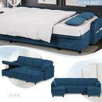 110" Sectional Pull Out Sofa Bed with Adjustable Backrests, U-Shaped Sleeper Sofa with USB Ports, Upholstered Reversible Couch with Cup Holder & Storage Space for Living Room, House, Blue