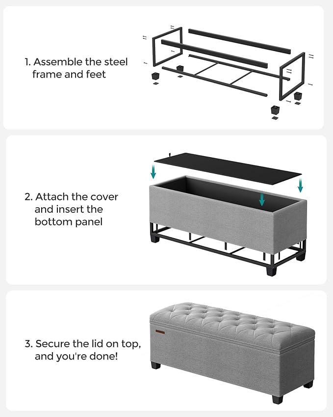 SONGMICS Storage Ottoman Bench, Foot Rest with Legs, 15.7 x 43.3 x 15.7 Inches, End of Bed Bench, Storage Chest, Load up to 660 lb, for Living Room, Bedroom, Entryway, Light Gray ULSF088G02