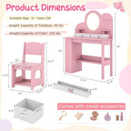 Costzon Kids Vanity, Girls Vanity Set with Lighted Mirror, Bookshelf, Drawers, Hooks & Storage Shelves, Toddler Makeup Vanity Desk Dressing Table, Wooden Kids Vanity Table and Chair Set (Pink)