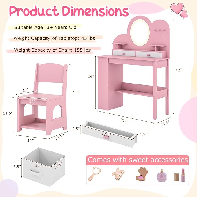 Costzon Kids Vanity, Girls Vanity Set with Lighted Mirror, Bookshelf, Drawers, Hooks & Storage Shelves, Toddler Makeup Vanity Desk Dressing Table, Wooden Kids Vanity Table and Chair Set (Pink)