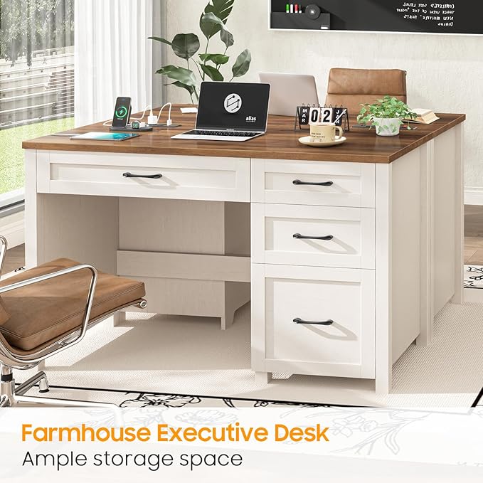 Vabches Farmhouse 47" Executive Desk with 4 Drawers, Computer Desk with File Drawer and Charging Station, Workstation for Home Office, Study.（Unique White）