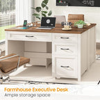 Vabches Farmhouse 47" Executive Desk with 4 Drawers, Computer Desk with File Drawer and Charging Station, Workstation for Home Office, Study.（Unique White）