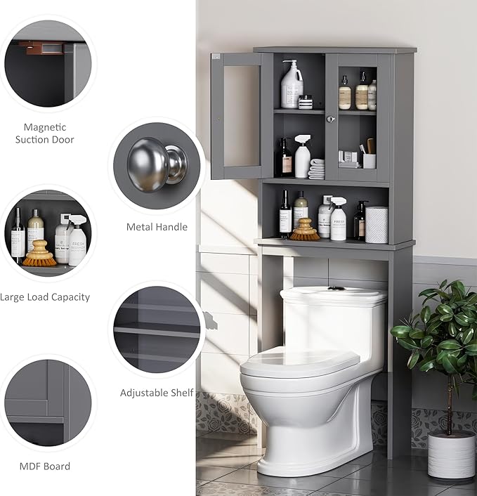 Meilocar Over The Toilet Storage Cabinet, Bathroom Storage Cabinet Over Toilet, Space Saver with 2 Tempered Glass Doors, Grey