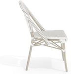Martha Stewart Lily Pond Indoor-Outdoor Stackable Aluminum Bistro Chair with Gray Woodgrain Frame Finish and White/Gray Woven Rattan Backrest and Seat