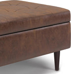SIMPLIHOME Shay 34 inch Wide Mid Century Modern Small Rectangle Coffee Table Storage Ottoman in Distressed Chestnut Brown Vegan Faux Leather, Assembled, For the Living Room