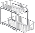 SONGMICS 2-Tier Pull Out Cabinet Organizers, Under Sink Organizer, Bathroom Organizer and Storage, Sliding Basket Drawers, Stackable for Kitchen, Bathroom, Metallic Silver UKCS017E01