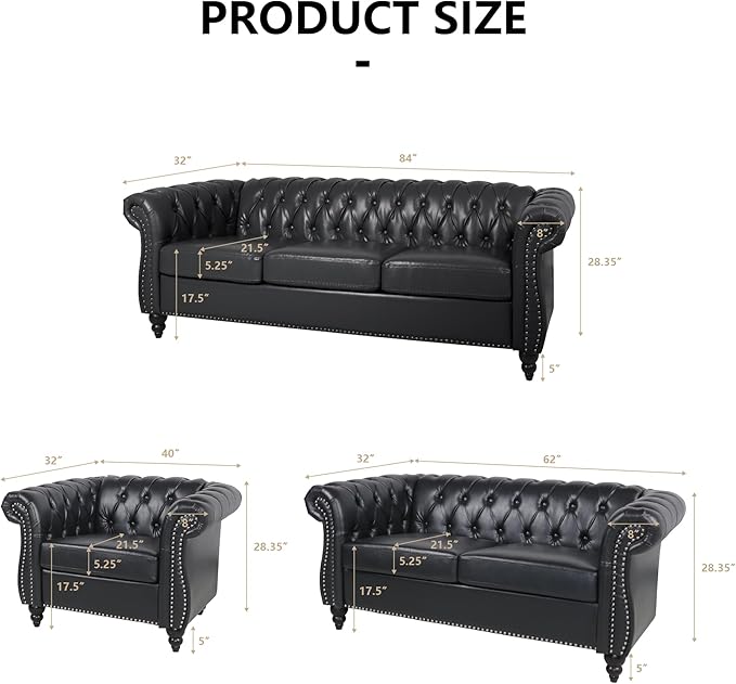 2 Piece Living Room Sofa Set, 3 Seater Faux Leather Sofa Couch and Chair Set, Mid Century Modern Upholstered Couch with Cushions, Vintage Comfy Tufted Chesterfield Couches for Bedroom, Office (Black)
