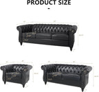 2 Piece Living Room Sofa Set, 3 Seater Faux Leather Sofa Couch and Chair Set, Mid Century Modern Upholstered Couch with Cushions, Vintage Comfy Tufted Chesterfield Couches for Bedroom, Office (Black)