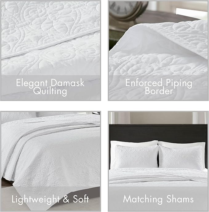 Madison Park Quebec Reversible Quilt Set Damask Design, Double Sided Stitching All Season, Lightweight Bedspread Bedding Set, Matching Sham, White, Twin(81"x110") 2 Piece