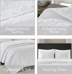Madison Park Quebec Reversible Quilt Set Damask Design, Double Sided Stitching All Season, Lightweight Bedspread Bedding Set, Matching Sham, White, Twin(81"x110") 2 Piece