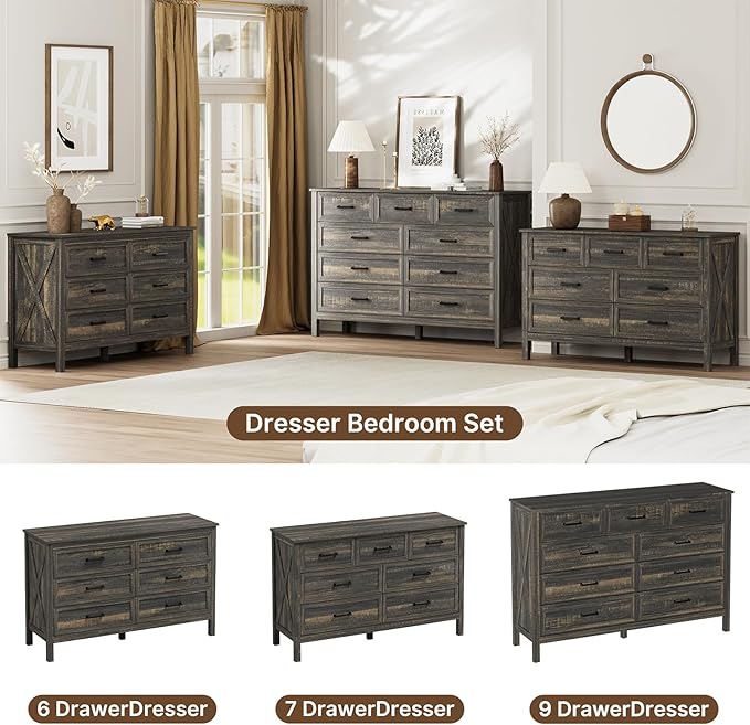 LYNSOM Farmhouse 9 Drawer Dresser for Bedroom, 55 Inch Wide Wood Rustic Chest of Drawers with X-Marking & Bar Handle, Large Storage Dressers Organizer for Bedroom, Living Room, Dark Rustic Oak