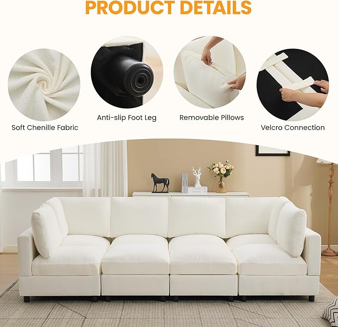 Modular Sectional Cloud Sofa Bed, 6-Seater Convertible Sofa Couch with Ottoman, Modern Deep Seat Sleeper Sofa for Living Room, Chenille Beige