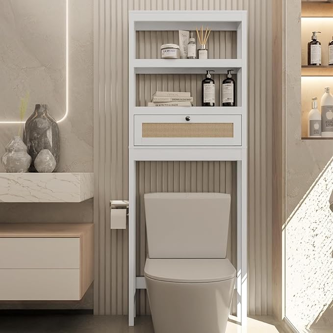 Over The Toilet Storage Cabinet, Behind Toilet Bathroom Organizer with Adjustable Shelves, Above Toilet Organizers with Rattan Door, Space Saver for Restroom, Bathroom, Laundry