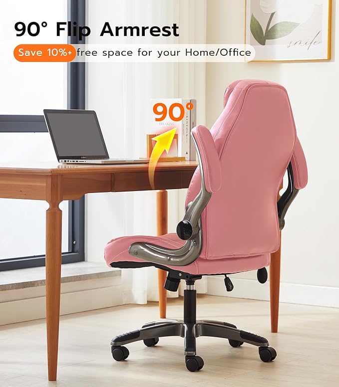 Office Desk Chair, Ergonomic Computer Chair with Padded Flip-Up Arms and Adjustable Lumbar Support, PU Leather Executive Chair with Tilt Lock and 360° Swivel Rolling Wheels for Work, Study