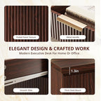 FURSUN 58" Fluted Modern Desk with Storage, Home Office Desk with 1 File Cabinet & 5 Drawers, Wood Executive Computer Writing Desk for Study, Living Room, Bedroom(Dark Walnut)