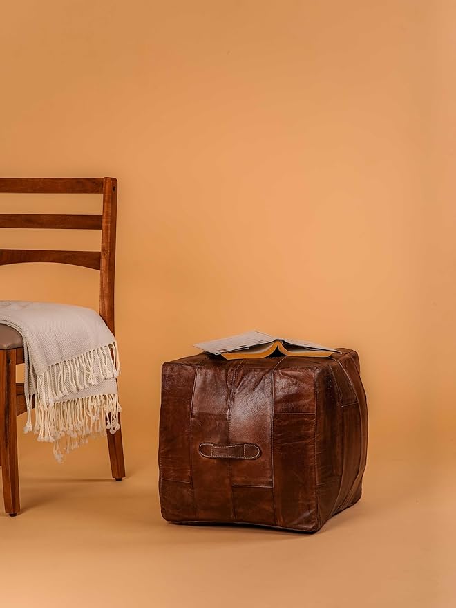 Handmade Eco-Friendly Geometric Leather Pouf Brown Color Square 16" x 16" x 16" Buffalo Leather Pouf for Living Room, Bedroom Seating, Patio