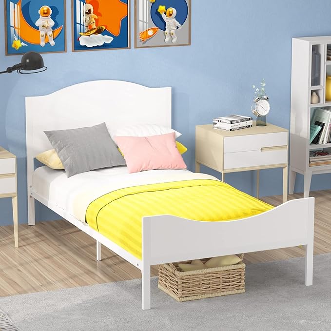 Timy Kids Twin Bed Frame with Wooden Headboard and Footboard, Metal Platform Bed Frame for Boys Girls Teens Adults, Modern Kids Furniture, No Box Spring Needed, White