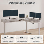SANODESK 71" L Shaped Standing Desk with 4 Drawers, Height Adjustable Stand up Desk, Corner Gaming Desk with Monitor Stand, White Frame/White Top
