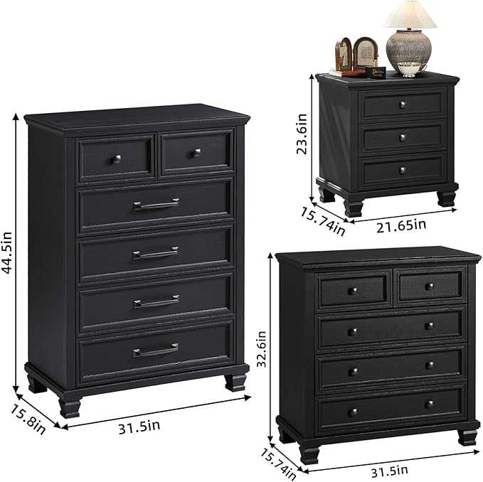 Farmhouse Bedroom Dresser and Nightstand Set of 4, 6 Drawer Tall & 5 Drawers Dresser & 3 Drawer Nightstand Set with Wooden Legs, Rustic Wood Bedroom Furniture for Livingroom, Hallway, Black