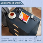 LEYAOYAO 23" Wide Fluted Night Stand with Charging Station, 3 Drawers Large End Table with Storage,Nightstand Wood Bedside Tables, Farmhouse Cabinet Dresser for Bedroom,Closet, Navy Blue