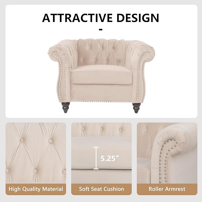 2 Piece Living Room Sofa Set, 3 Seater Velvet Sofa Couch and Chair Set, Mid Century Modern Upholstered Couch with Cushions, Comfy Tufted Chesterfield Couches for Living Room, Bedroom, Office