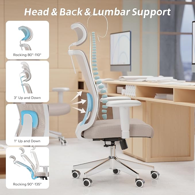 Ergonomic Office Chair with Adjustable Lumbar Support & Flip-Up Armrests - High Back Computer Desk Chair with Thickened Seat Cushion, Rolling Wheels for Home/Office Study Work (05khaki)