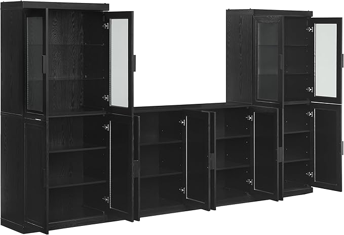 Crosley Furniture Essen 3-Piece Modern Glass Door Sideboard Buffet Cabinet and Kitchen Storage Pantry Set, Black