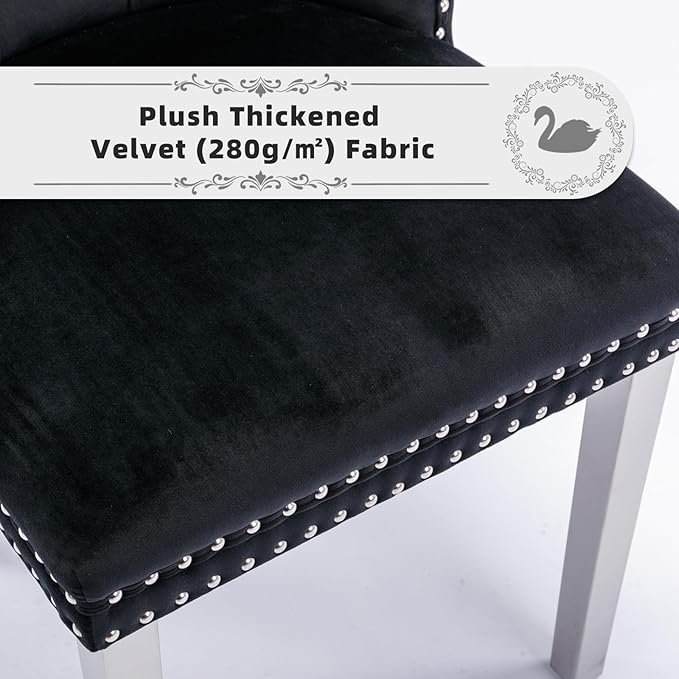 Velvet Upholstered Dining Chairs Set of 8, Modern Style Kitchen Side Chairs with Nailhead Trim and Silver Plated Leg, Metal Pulling Ring for Dining Room Living Room(Black)