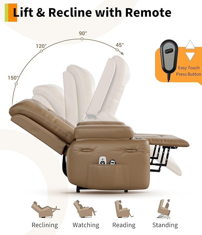 GarveeHome Electric Lift Recliner Chair - Heat and Massage, PU Leather Power Lift Recliner for Elderly & Mobility Impaired, Adjustable Back and Legs, Heavy Duty Lift Chair for Seniors
