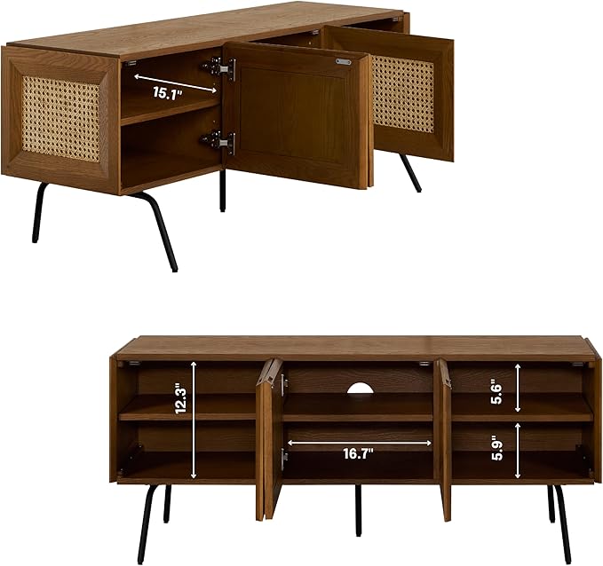 NTC Mossic TV Media Cabinet with 3 Doors for TVs, Entertainment Center with Natural Rattan, Metal Legs, Modern Storage Console for Living Room and Bedroom, Effortless Assembly, Rustic Oak